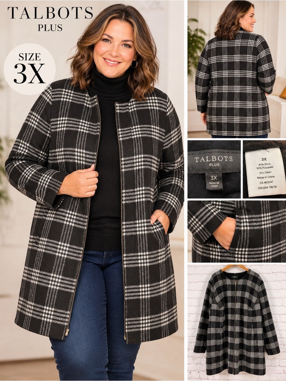Talbots Plus 3X Black White Plaid Wool Blend Coat Zip Front Pockets